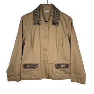 Chico's Women's Embellished Beaded Button Front Jacket 2 US L Khaki Tan Blazer